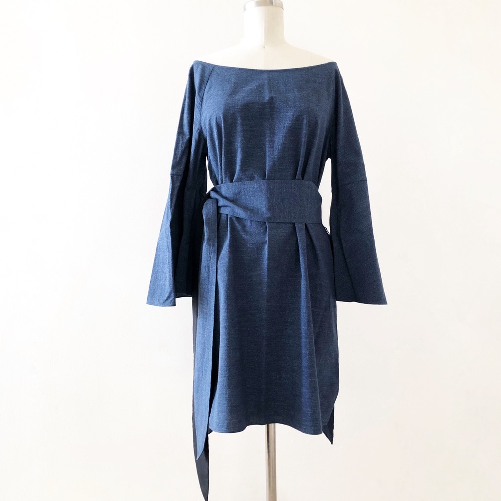 Halston Heritage Chambray Poplin Flounce Sleeve Boatneck Dress Womens M